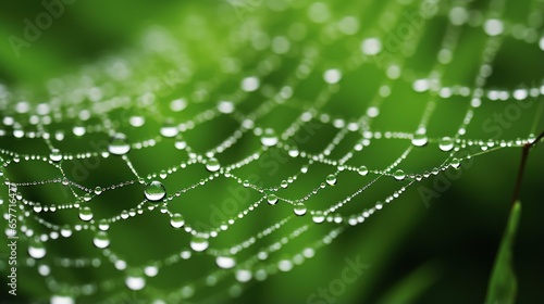 Macro close-up reveals the intricate beauty of a spider web, adorned with glistening rainwater drops. The image captures the delicate balance and complexity of nature's artistry.