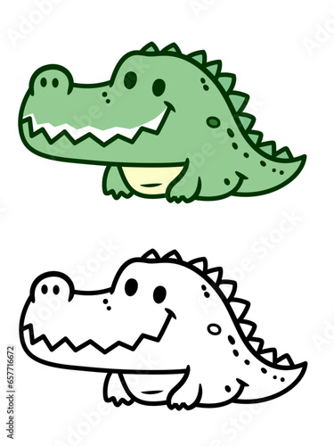 Cute Crocodile doodle style vector illustration, Crocodilus doodle cartoon style colored and black and white line art for coloring book stock vector image