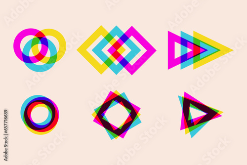 Set of geometric shapes in risograph style, overlapping colors.