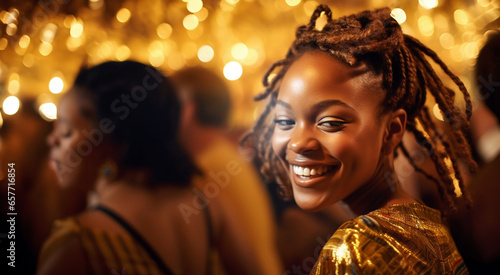 African american woman partying at club, enjoying nightlife with friends on the dance floor. Young group of people having fun feeling happy at nightclub, listening to stereo music. Tripod shot. photo