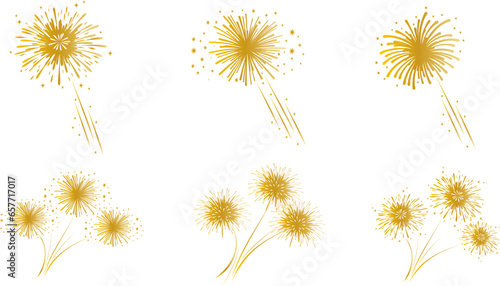Set of golden firework icons. Fireworks with stars and sparks .Firework simple black line icons.