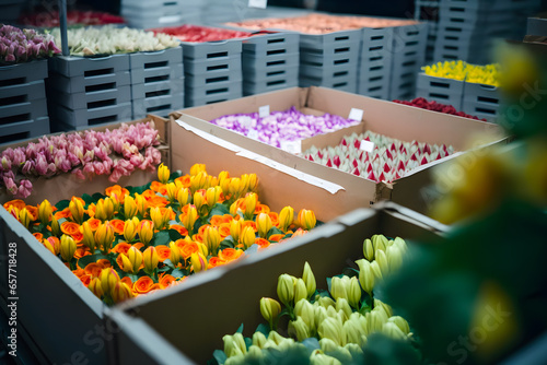 Various cut colorful flowers, roses, tulips, lisianthus, chrysanthemums, lilies and others for bouquets packed in boxes refrigerator warehouse, ready for import transportation for sale. Generative AI