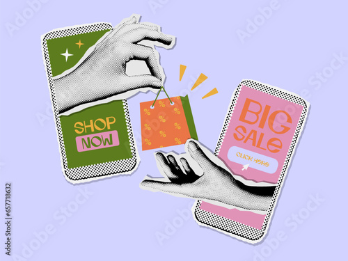 Vintage style collage on the theme of online shopping. Halftone effect hands and phones in 90s retro mixed media style. Vector illustration, big sale shopping bag in hand.