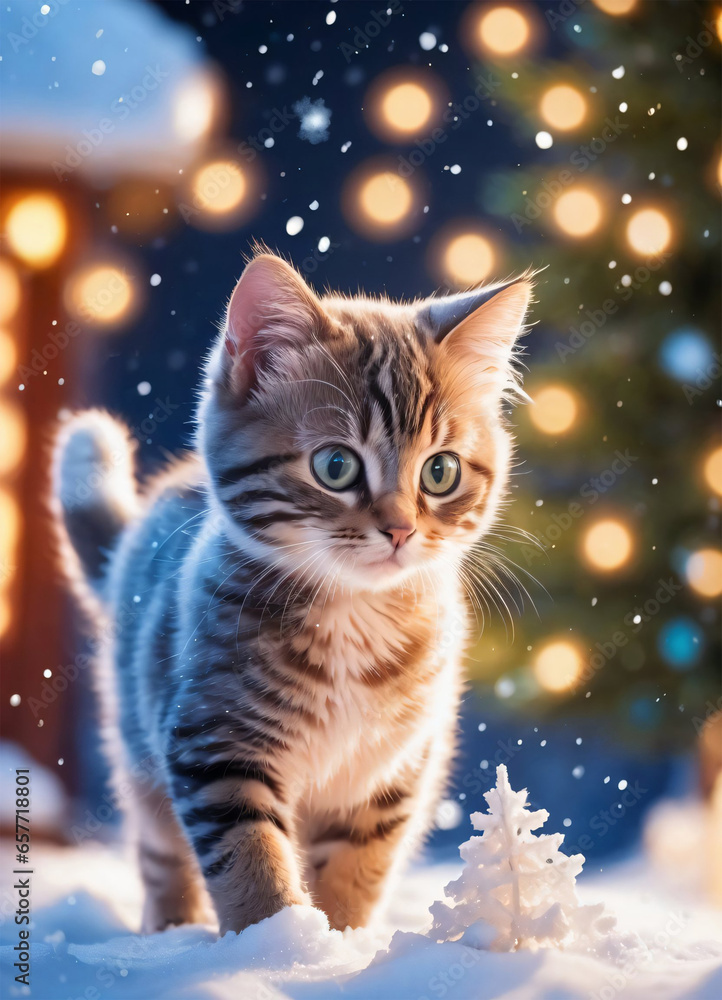 Photo of the Little Cat in the snow Christmas time