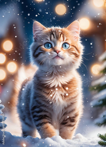 Photo of the Little Cat in the snow Christmas time