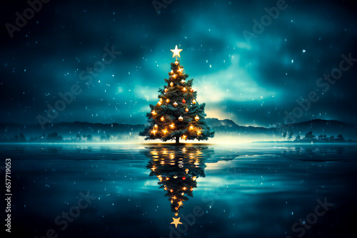Decorated Christmas tree against the background of a starry snowy night and with reflection in the water. Dark theme, copy space