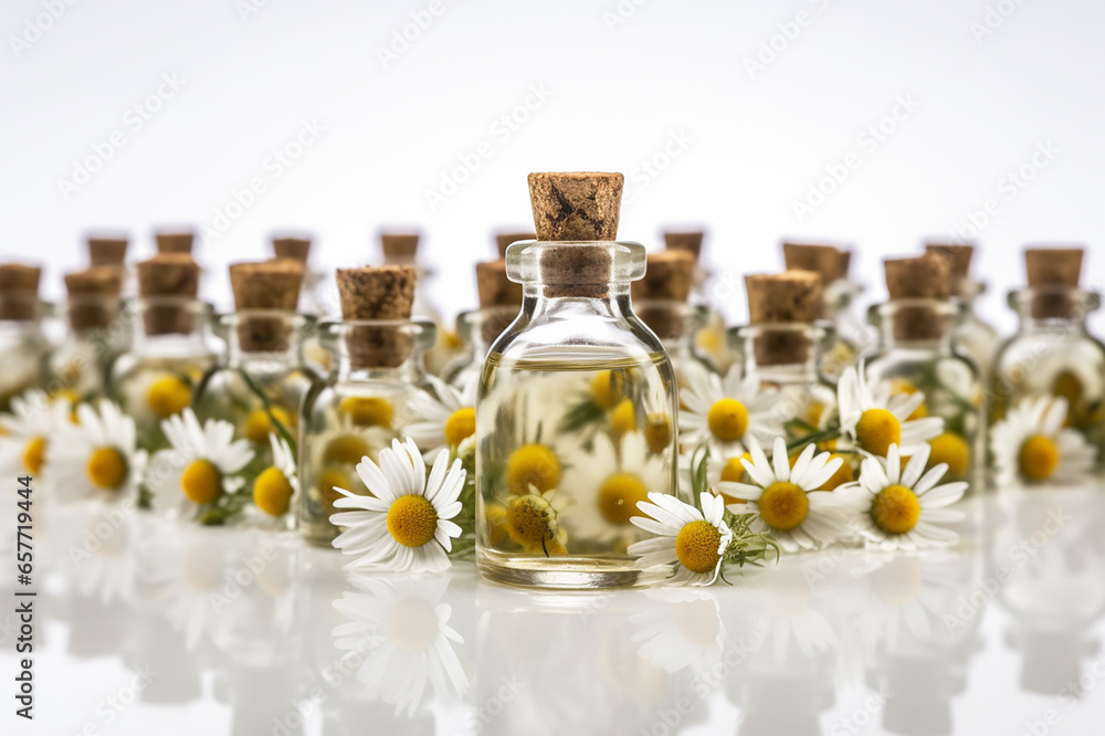 Bottles of extract of daisy argan oil for skin care and aroma spa . Bottles of extract of daisy argan oil for skin care and aroma spa .