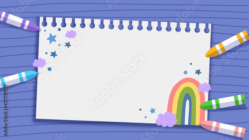 Text box on children's art class background with sketchbook and crayons