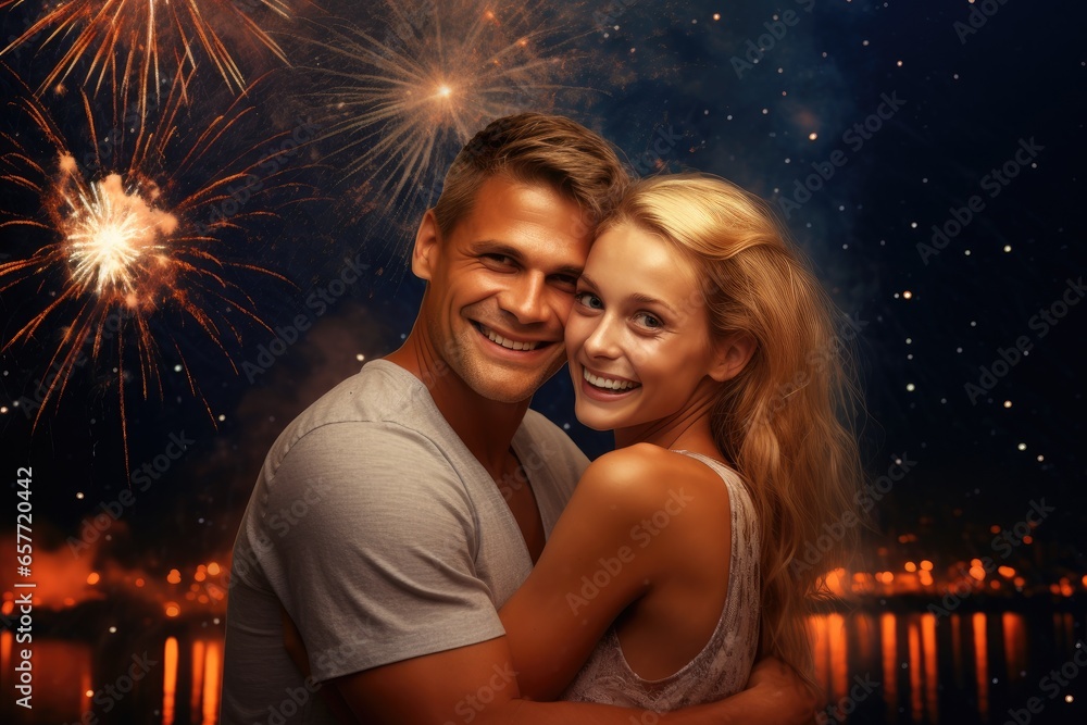 A couple embracing in front of a spectacular fireworks display