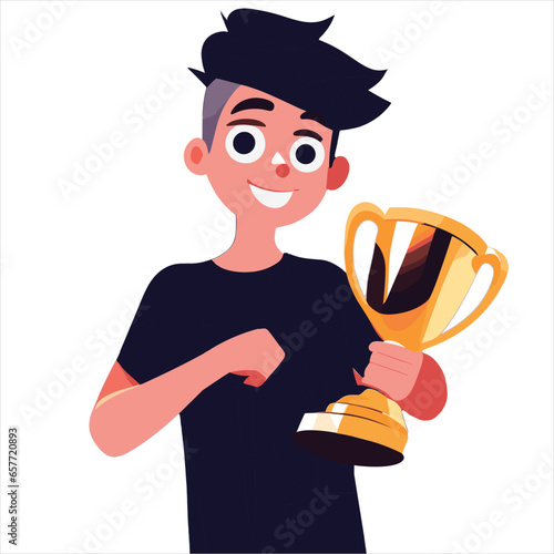 Flat illustration of a boy holding trophy (ID: 657720893)
