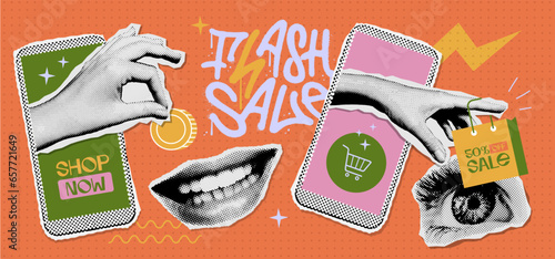Set of retro halftone paper elements for collage. Online shopping or online sale concept stickers. Vector illustration with hand coming out of phone, giving money or taking paper bag. Vector