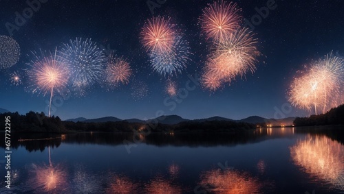 fireworks on the river at new year night