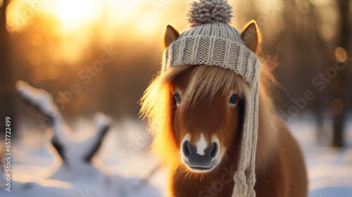 Cute horse in a cold winter in a warm knitted hat, generative AI