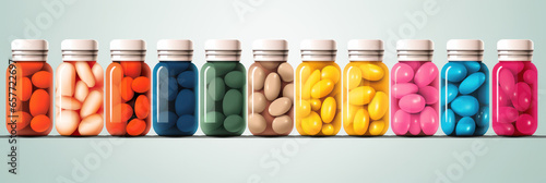Multi-colored probiotic tablets in glass bottles, taking care of your health and intestinal microflora, biological supplements, illustration