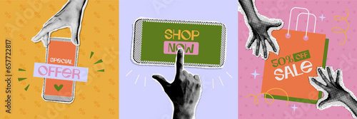Online sale or shopping concept banners set. Vector illustration with hand pushing button on phone, showing special offer ad. 80s-90s collage with paper cut elements for decoration sale events. Vector