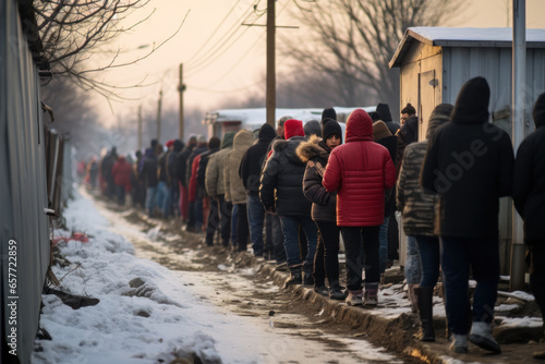 A line of people waiting for humanitarian aid, donations to people in need, refugee problem in the world