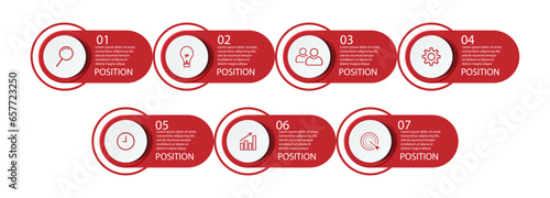 Templat Infografis Bisnis Minimal. Garis waktu dengan 7 langkah, opsi dan ikon pemasaran. Infografis linier vektor dengan tujuh elemen yang terhubung. Dapat digunakan untuk presentasi. photo