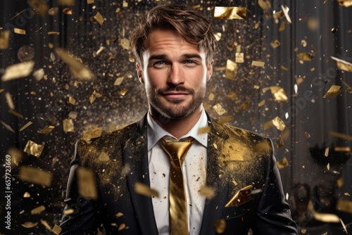 A man in a suit and tie surrounded by gold confetti