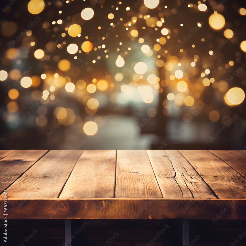 Wood table with bokeh lights in the background. Generative ai. Wood table with bokeh lights in the background. Generative ai.