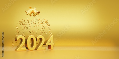 Happy new year 2024 gold number with bell and confetti on shiny background