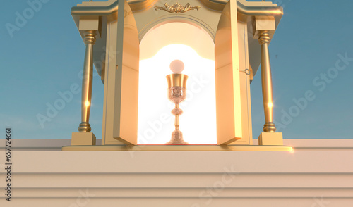 The Body and Blood of Our Lord Jesus Christ inside a tabernacle on an altar. Sacrament of the Eucharist - 3D Illustration photo