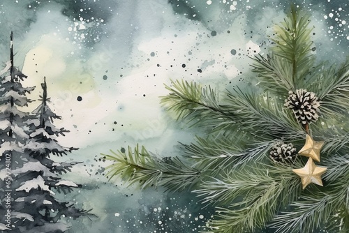 A handmade watercolor Christmas card with elegant silver metallic stars  pine tree  and bush painting. Generative AI