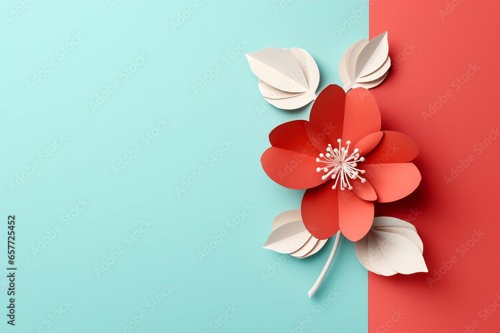 Naklejka premium Paper cut flowers and leaves, Fresh spring nature background. Floral banner, poster, flyer template with copy space.