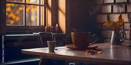 Morning cup of coffee. background of the cozy room with window. Fall season.