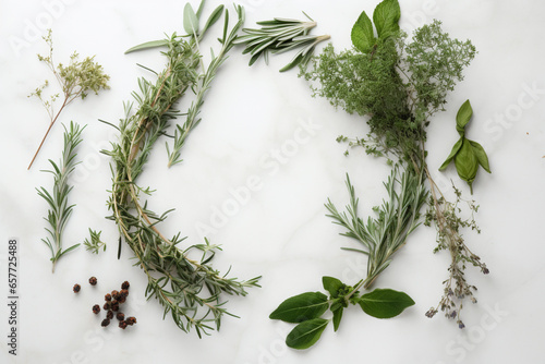 Fresh herbs on white background, top down view. Generative AI
