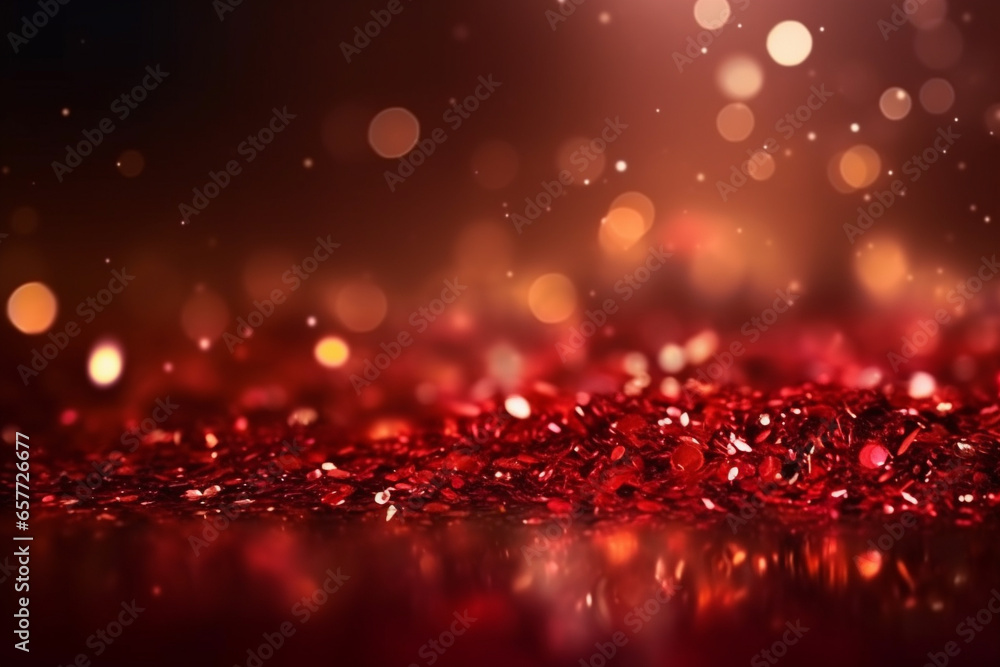 Red glitter background, glowing red blur for Christmas or festive texture. Generative AI