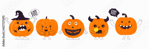 Cute cartoon pumpkin monster. Happy halloween print. Boo Halloween. Autumn, Fall. Cute vector card with pumpkins. 