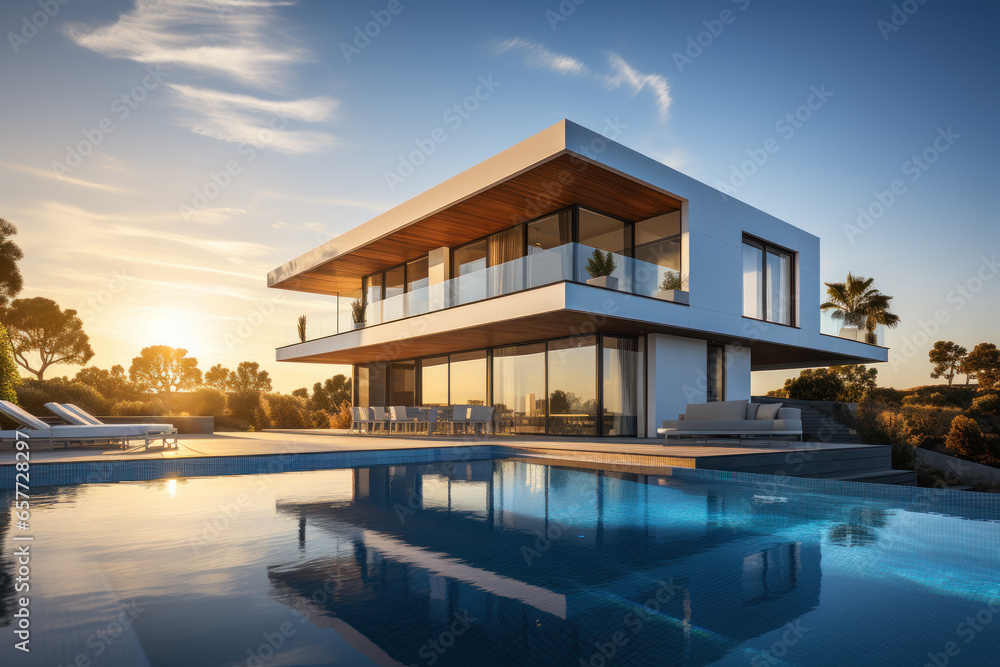 Fototapeta premium Minimalist cubic house exterior with swimming pool, modern country house, seaside holiday in modern villa, sunset view