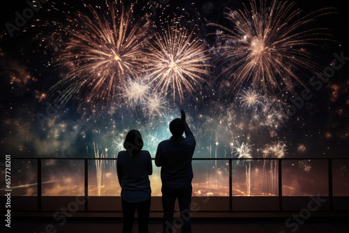 Two people mesmerized by a spectacular fireworks display
