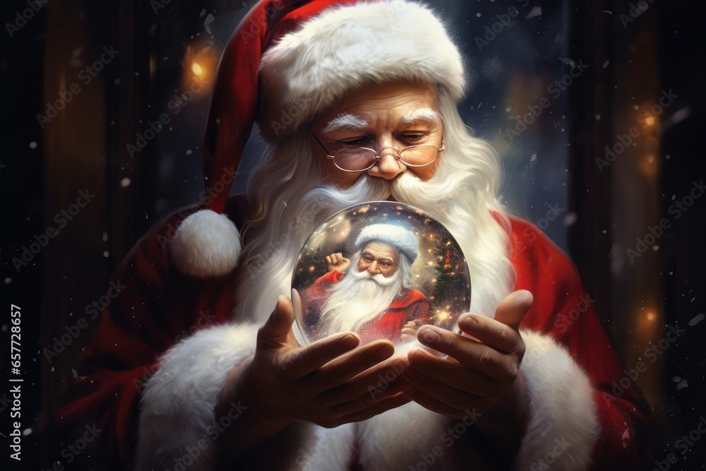 Naklejka premium Santa Claus holding a glass ball with a picture of himself inside