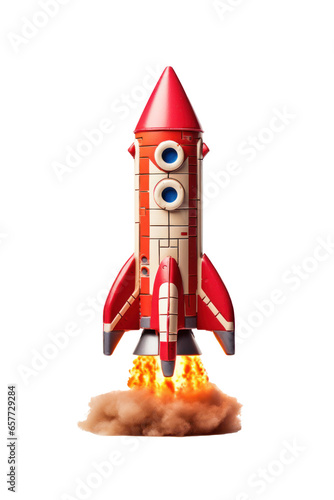 Launch of a red toy rocket, successful start, isolated white background