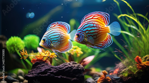 Aquarium fish Discus swim among algae and stones, corrals and underwater plants in an aquarium