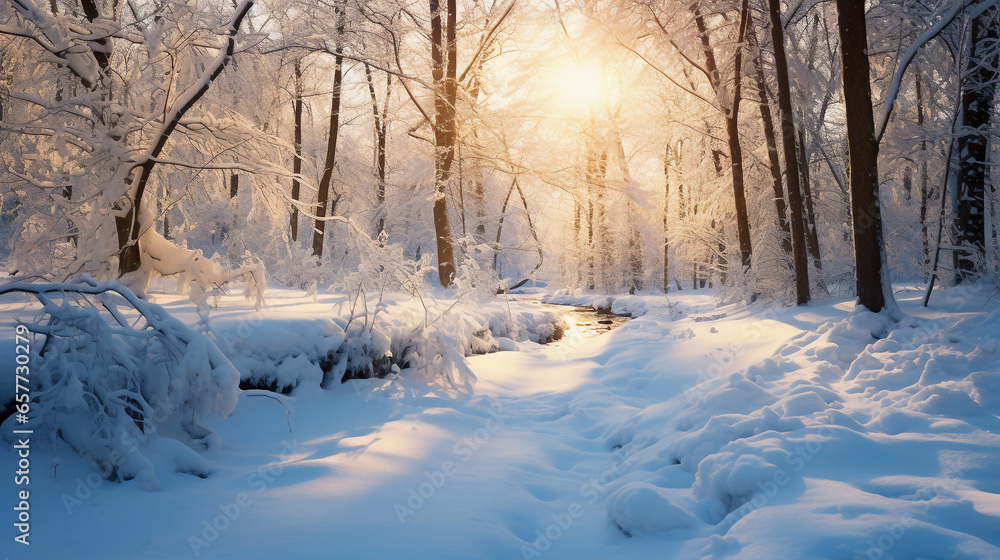 Sunrise in snow-covered forest in wintertime Sunrise in snow-covered forest in wintertime
