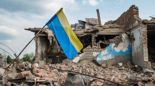 Flag of Ukraine in front of destroyed home buildings because of earthquake or war missile strike. 