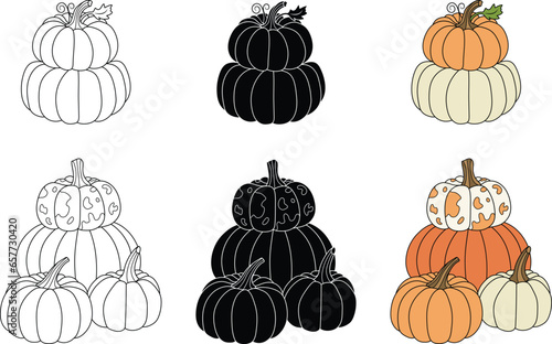Cute Stacked Pumpkin Clipart - Outline, Silhouette & Color