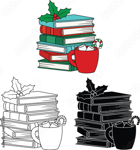 Stacked Christmas Books with Hot Chocolate Clipart - Outline, Silhouette & Color