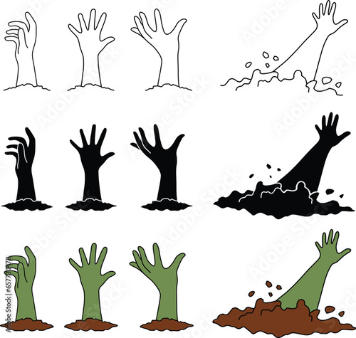 Zombie Hand Reaching Out Clipart Set - Outline, Silhouette and Color