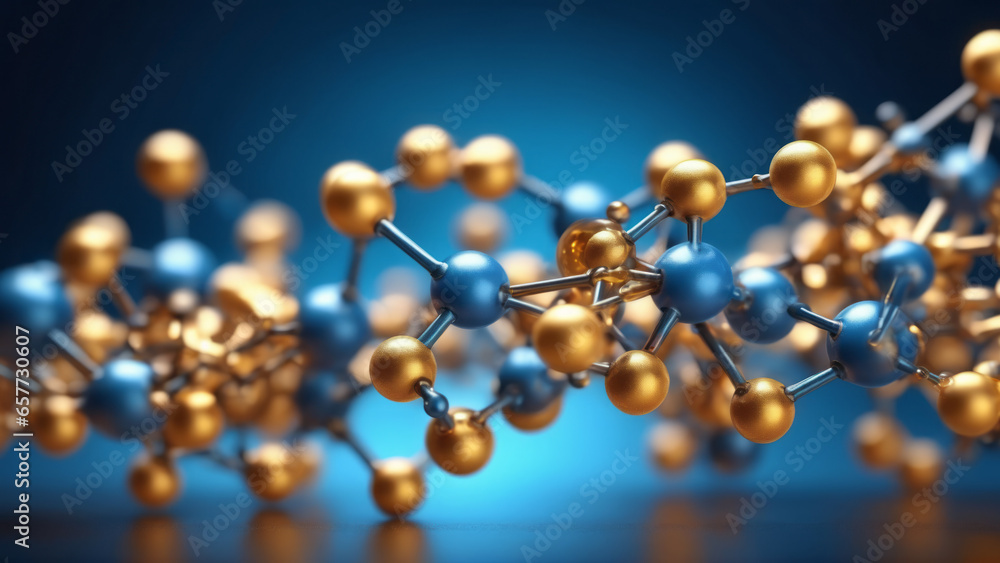 An abstract representation of molecules or buckyballs. SHallow depth of field. Interconnected structure. Blue and gold. Microscope view. An abstract representation of molecules or buckyballs. SHallow depth of field. Interconnected structure. Blue and gold. Microscope view.