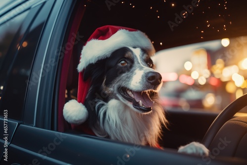 A festive dog in a car wearing a Santa hat
