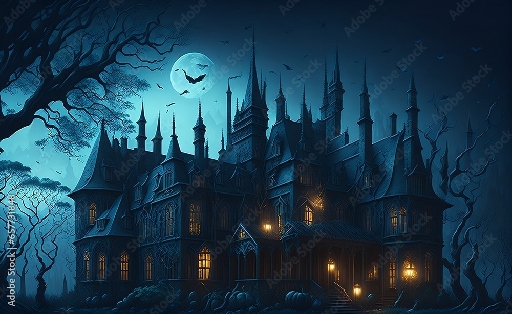 halloween background with scary castle, haunted mansion on spooky night created with generative ai