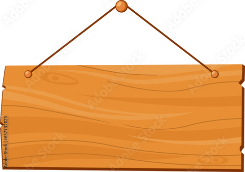 Hanging wood board sign, rustic cartoon signpost or billboard, notice and information theme