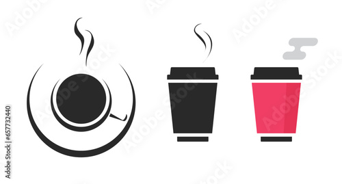 Coffee mug shop logo icon vector glass and paper flat shape silhouette graphic illustration set, hot tea drink beverage cup simple pictogram glyph sign clipart image label