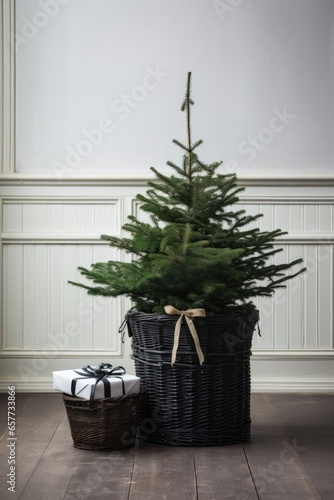 A miniature Christmas tree in a stylish black basket