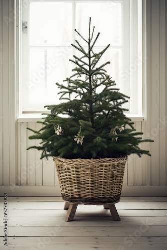 A charming Christmas tree in a rustic wicker basket