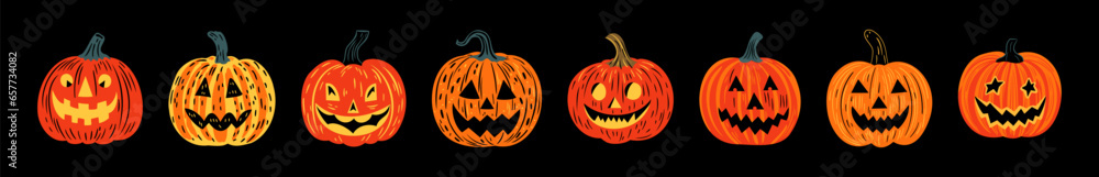 Set of halloween jack o lantern cartoon illustration doodle. Scary october holiday decoration collection in hand drawn style. Spooky autumn party graphic bundle, creepy carved smiling pumpkin. Set of halloween jack o lantern cartoon illustration doodle. Scary october holiday decoration collection in hand drawn style. Spooky autumn party graphic bundle, creepy carved smiling pumpkin.