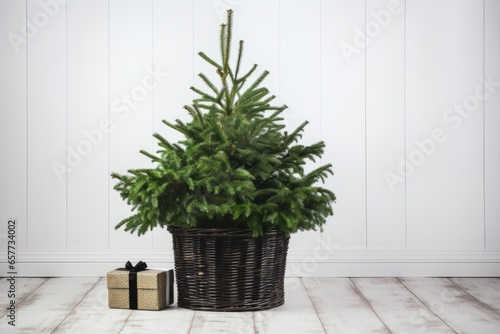 A festive Christmas tree and gift basket